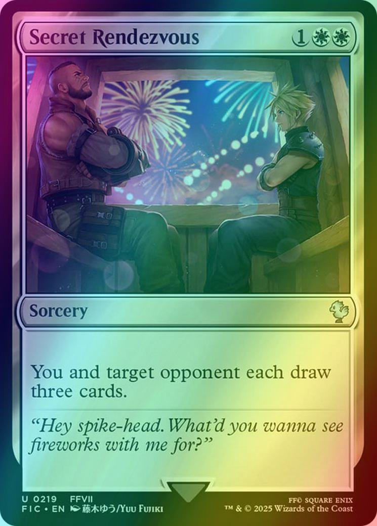 mtg final fantasy secret rendezvous Zack Fair and Elmyra Gainsborough VII x Magic the Gathering Gold Saucer date card! #MTGxFINALFANTASY Illustrated by Manuel Castan. Magic The Gathering MTG SECRET