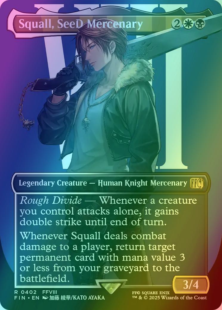 mtg final fantasy squall Squall, SeeD Mercenary - return target permanent card with mana value 3 or less from your graveyard to the battlefield. Squall (8-035) - Opus VIII