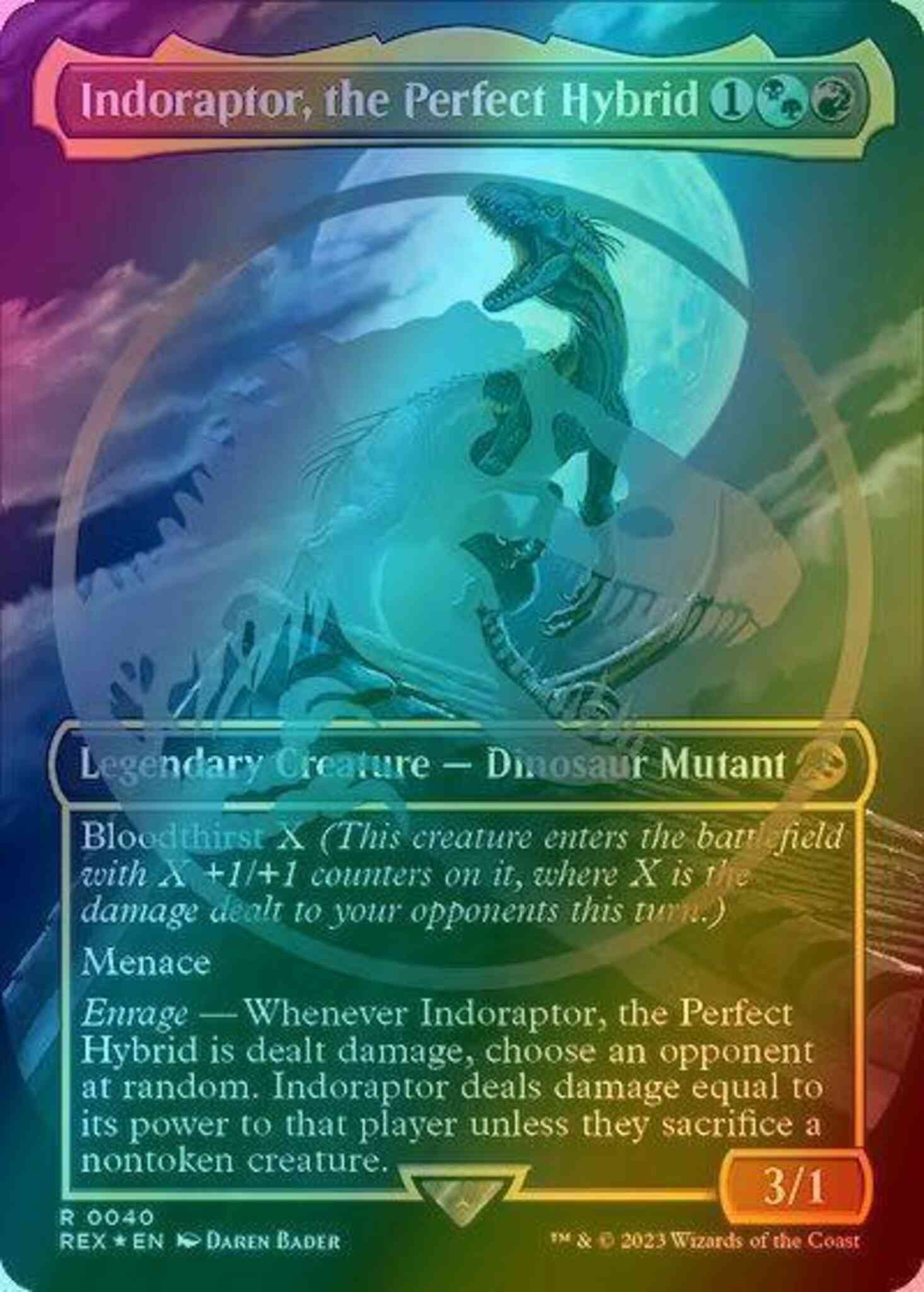 indoraptor mtg card 401 Games Canada - Indoraptor, the Perfect Hybrid where X is the damage dealt to your opponents this turn.) Menace Enrage Whenever Indoraptor Indoraptor, the Perfect Hybrid (Emblem)