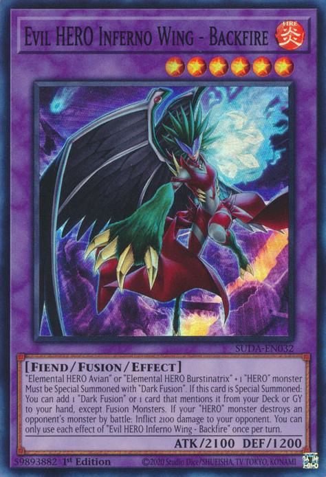 Evil HERO Inferno Wing - Backfire - SUDA-EN032 - Super Rare - 1st Edition