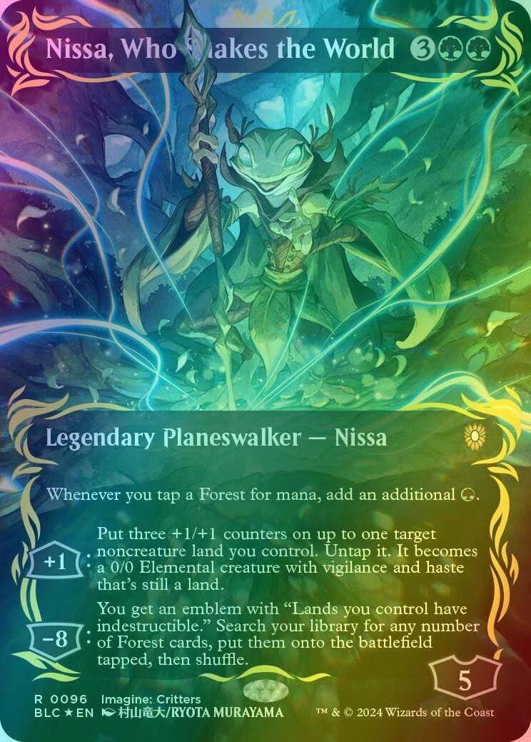 mtg new capenna most valuable cards Nissa, Who Shakes the World [96] [Borderless] [Anime] [Bloomburrow:  Commander] [Raised Foil] – Face to Face Games