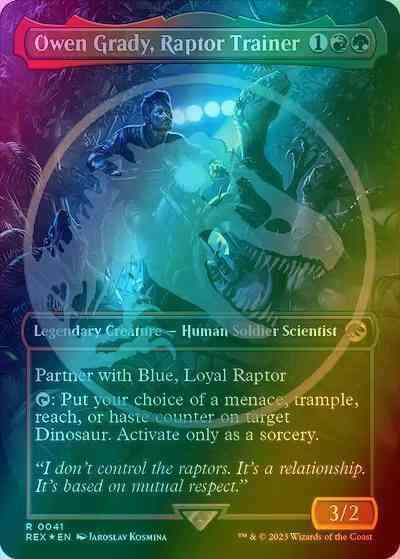 mtg lci commander deck Owen Grady, Raptor Trainer [41] [Borderless] [Emblem] [Universes Beyond: Jurassic  World Collection] [Foil] – Face to Face Games