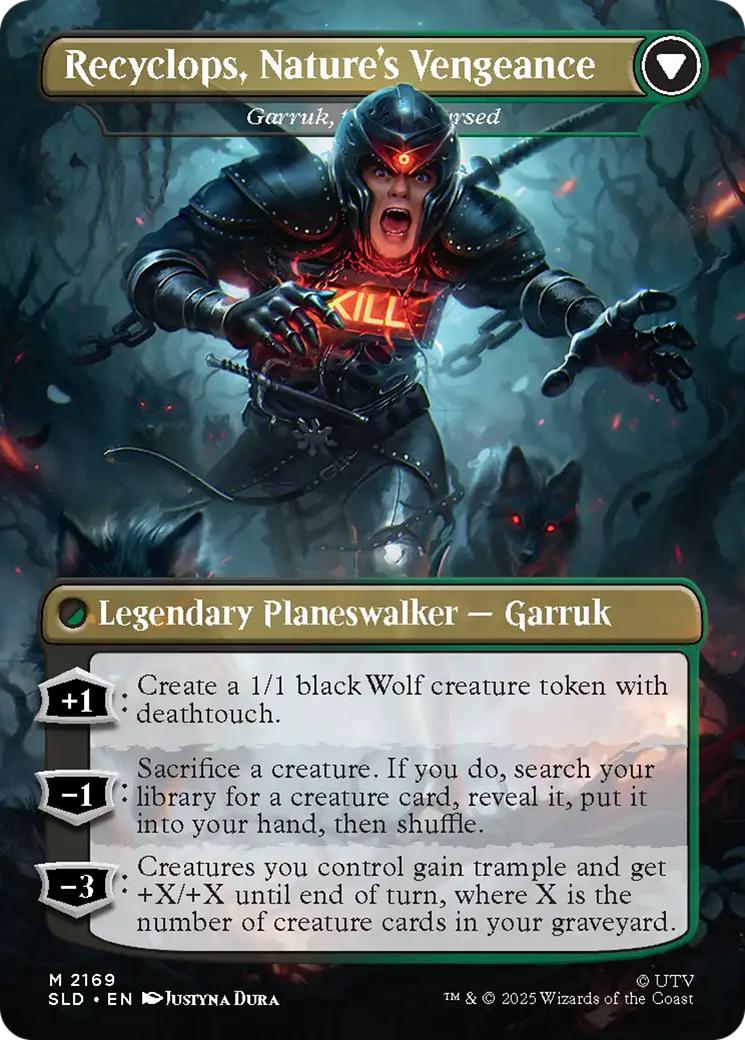 Recyclops, Eco-Friendly - Garruk Relentless // Recyclops, Nature's Vengeance - Garruk, the Veil-Cursed [2169] [Borderless] [The Office: Dwight's Destiny] [Secret Lair Drop] [Non-Foil]