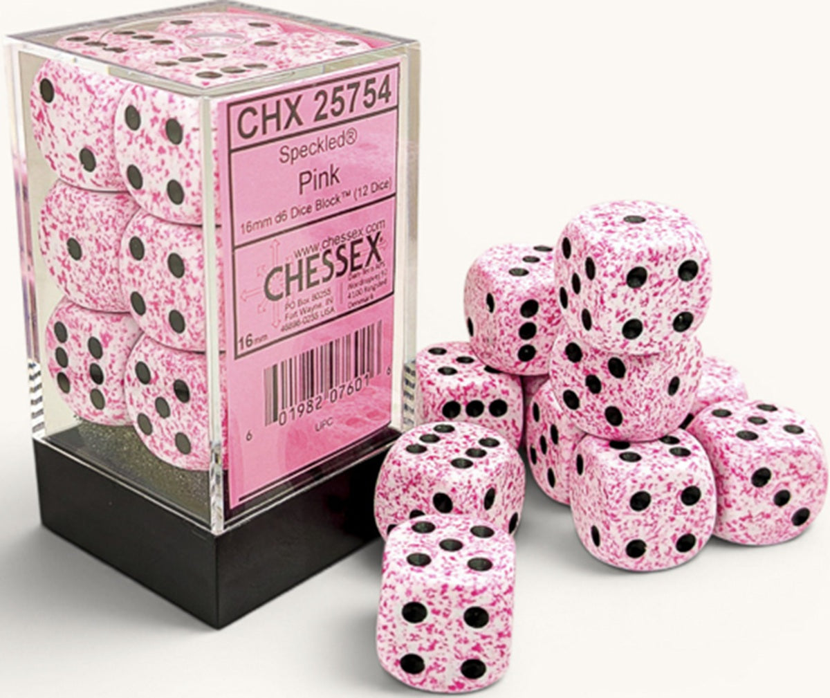 Chessex Speckled Dice - 12 x D6 - 16mm - Pink/Black