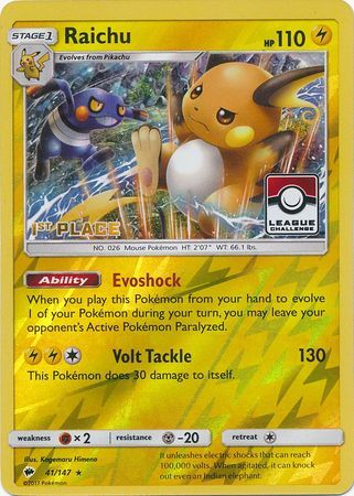 Raichu - 41/147 - 1st Place Reverse Holo Pokemon League League Challenge Promo [Reverse Holo]
