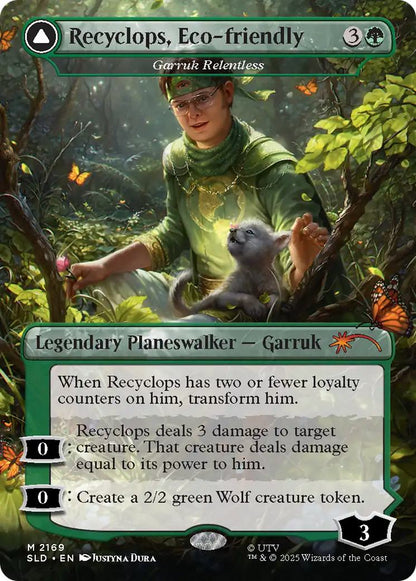 Recyclops, Eco-Friendly - Garruk Relentless // Recyclops, Nature's Vengeance - Garruk, the Veil-Cursed [2169] [Borderless] [The Office: Dwight's Destiny] [Secret Lair Drop] [Non-Foil]