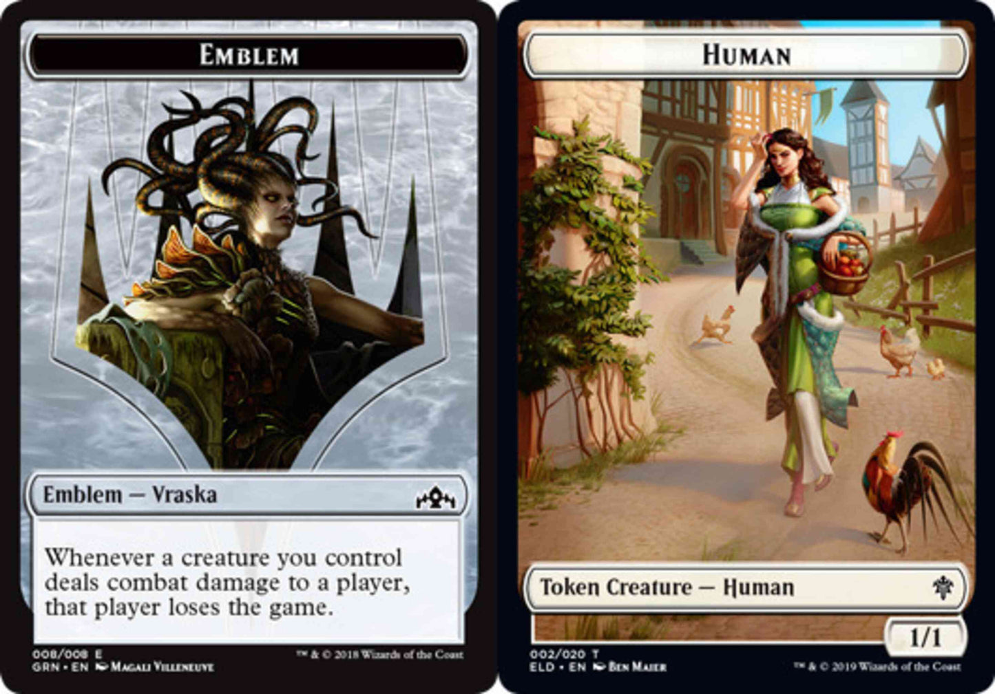 Human Token (02) // Vraska, Golgari Queen Emblem (08) [ELD/GRN Set Symbol] [Challenger Deck 2020 Tokens] [Non-Foil]