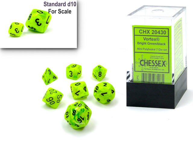 Chessex Vortex Dice - Set of 7 - Mini-Hedral - Bright Green/Black