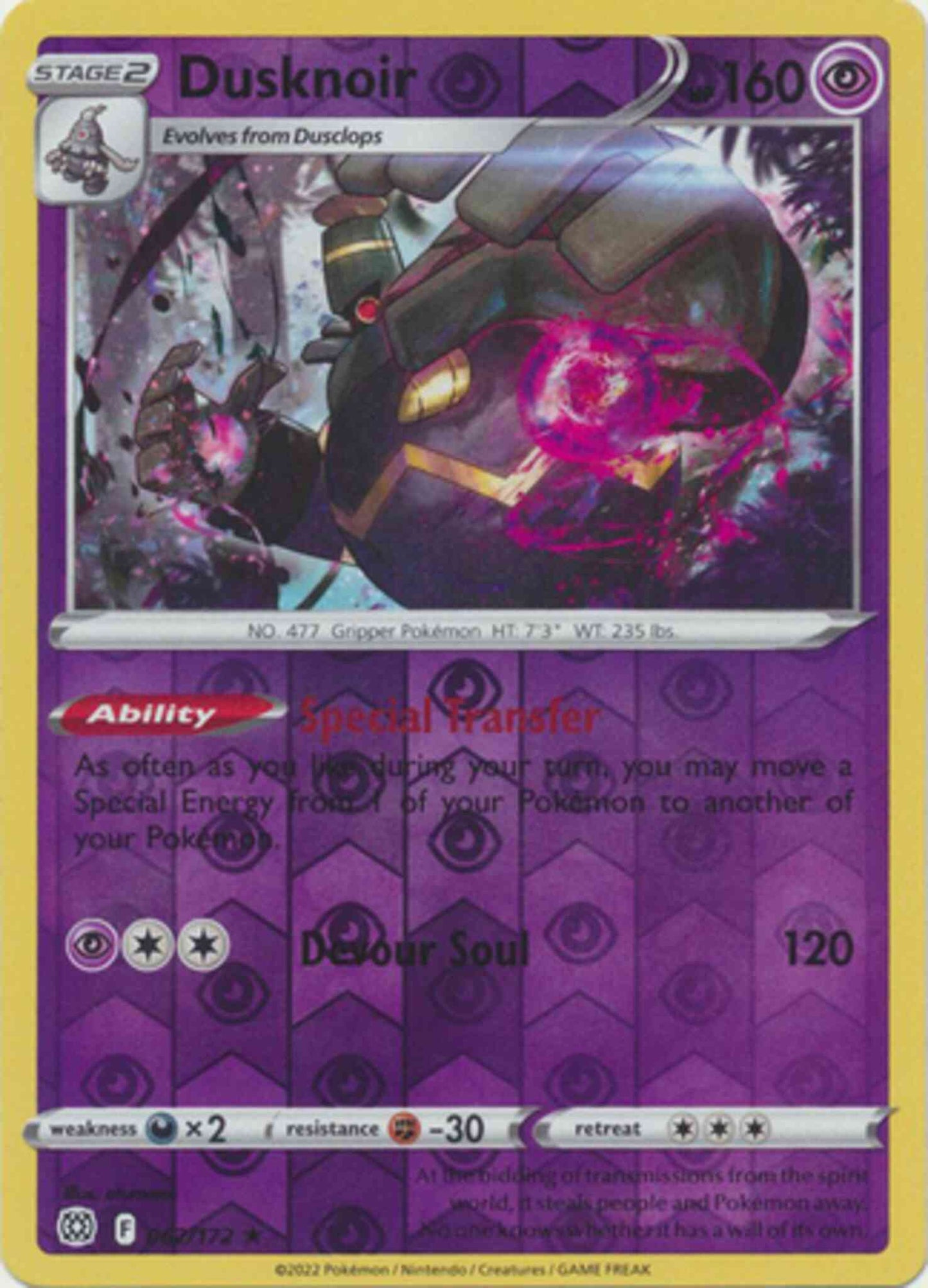 Dusknoir - 062/172 - Rare Holo [swsh9-062] [Reverse Holo]