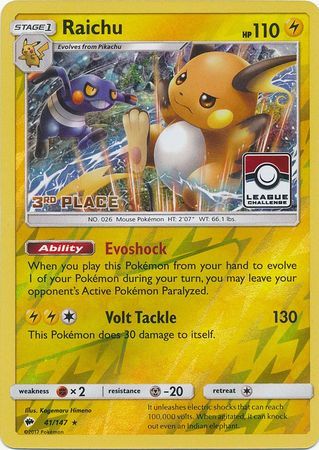 Raichu - 41/147 - 3rd Place Reverse Holo Pokemon League League Challenge Promo [Reverse Holo]