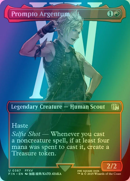 prompto mtg card Argentum [387] [Borderless] [Character] [FINAL FANTASY] [Foil] – Face to Face Games booth Color:Upgrade Kit + Silver Sleeves and Deckbox 2 Toughness A First Look at
